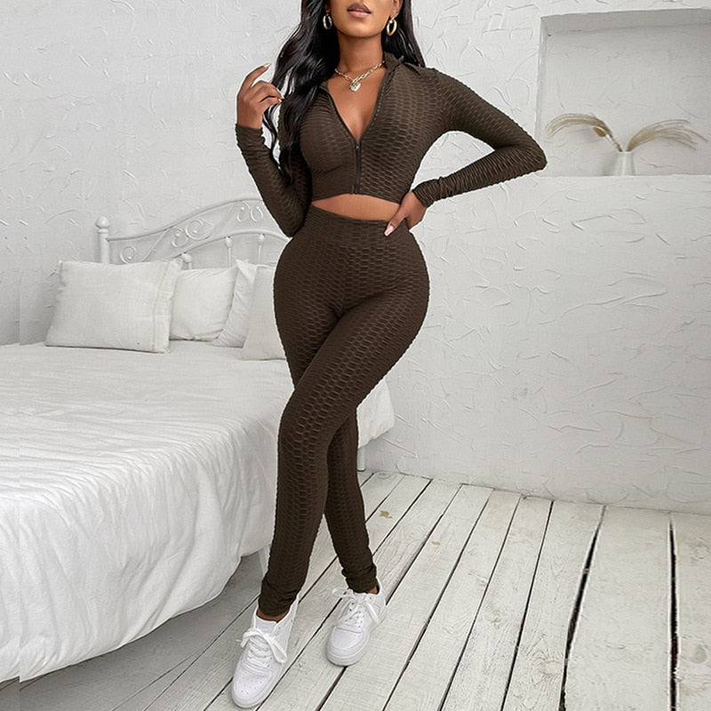 Spring Autumn Outfits Set 2 Pieces Suit Tracksuit Female Solid Color Long Sleeve Crop Tops with Zipper Long Pants for Women Fall voguable
