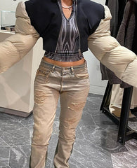 Voguable Patchwork Down Coat Puffer Jacket Coats Extra Long Sleves Women Christmas Bubble Cropped Outerwear Warm Clothing voguable