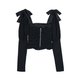 Voguable 2022 Elegant Square Collar Women Spring Shirts Solid Color Puff Sleeve Slim Blouses Crop Tops Ladies Sexy V-neck Long Sleeve Shirt voguable