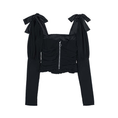 Voguable 2022 Elegant Square Collar Women Spring Shirts Solid Color Puff Sleeve Slim Blouses Crop Tops Ladies Sexy V-neck Long Sleeve Shirt voguable