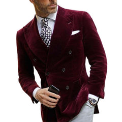 Voguable Burgundy Double Breasted Velvet Mens Blazer Elegant Single Coat Smoking Male Suit Dinner Jacket with Big Peaked Lapel Costume voguable