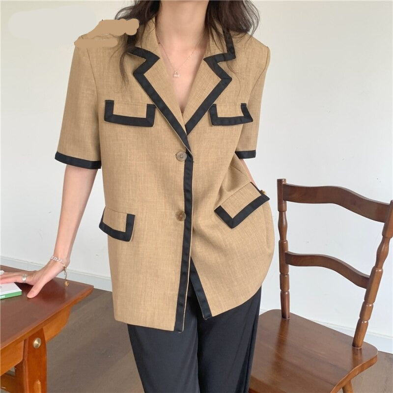 CHEERART Vintage Brown Short Sleeve Blazer Women Summer Designer Jackets Single Button Up Khaki Coat Suit Korean Fashion Clothes voguable