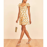 Women Dresses Summer Flutter Sleeve Lemon Print Mini Beach Dress Sweetheart Neck Twist Back Cut Out Fit Flare Short Dress voguable