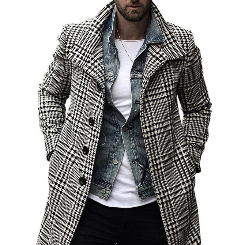 Voguable Mens Fashion Plaid Checked Trench Coat Brand Slim Fit Streetwear Overcoat Single Breasted Outwear Windbreaker Manteau Homme voguable