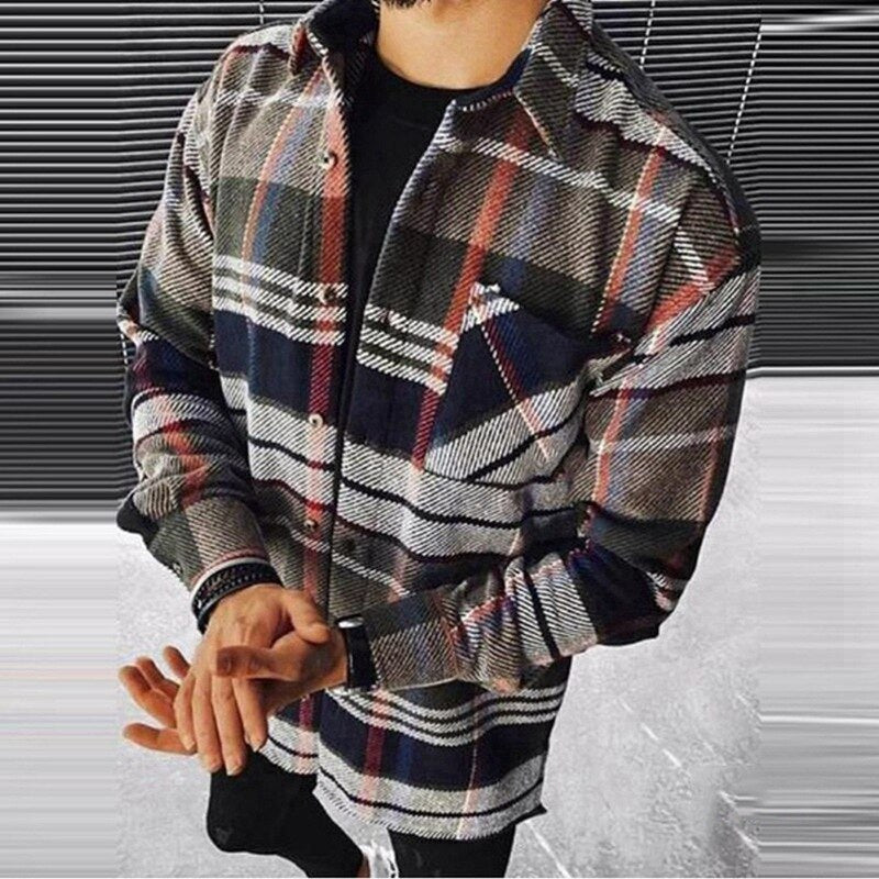 Voguable New Men's Shirt 2021 Fashion Trend Color Matching Plaid Printing Spring and Autumn Cardigan Lapel Long-sleeved Plaid Shirt voguable