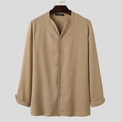 Voguable Fashion Men Brand Shirt Solid Long Sleeve V Neck Chic Button Casual Blouse 2021 Streetwear Korean Style Shirts Camisas voguable