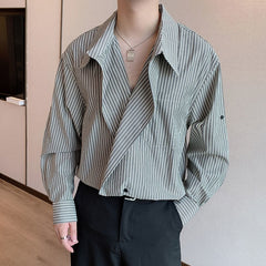 Menswear Korean Fashion Chic Striped Tops Men's New Loose Lapel Single Button Long Sleeve Casual Shirts Tide Autumn voguable