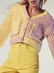 Voguable autumn new women's fashion artificial rhinestone jewelry hit color hollow design single-breasted retro sweet knitted jacket voguable