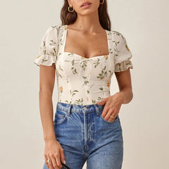 Summer Tops For Women Sweetheart Neck Tie Bow Fruit Print Blouses Back Smocked Short Puff Sleeve Elegant Chiffon Blouse voguable