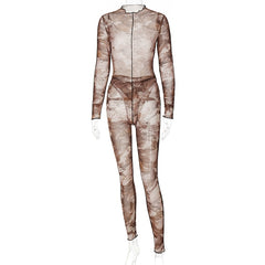 Voguable 2022 Long Sleeve Print See-Through Ruched Bodysuit Pencil Pants 2 Pieces Set Sexy Summer Women Streetwear Club Y2K voguable