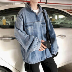 Washed Cargo denim shirt men's Hong Kong style stand-up collar jacket Korean spring autumn trend Techwear tops punk streetwear voguable