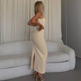 Hugcitar Bright Line Decoration Slip Backless U Neck Skinny Maxi Dress 2022 Spring Bodycon Fashion Y2K Streetwear Outfits voguable