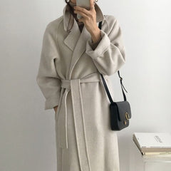 Autumn Winter Women Long Woolen Coat with Belt Long Sleeve Turn Down Collar Warm Vintage Manteau Femme Casual Ladies Jacket voguable