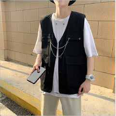 Mens Fashion Tooling Vest Men Streetwear Cargo Vest Hip Hop Sleeveless Jacket Gilet Military Multi-Pocket Outdoors Coat voguable