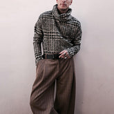 Voguable 2022 Fashion Houndstooth Printed Tops For Men Casual Long Sleeve Turtleneck Sweater Vintage Autumn Winter Mens Loose Jumper Male voguable