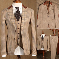 Voguable 2022 Brown Classic Plaid Tweed Suit for Men Slim fit Groom Wedding Tuxedo Blazer Male Formal Business Jacket Vest Pants 3 Piece voguable