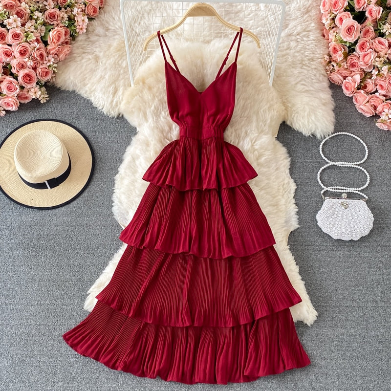 Summer Green/Pink/Red Pleated Spaghetti Strap Dress Women Sexy V-Neck High Waist Sleeveless Cascading Ruffle A-Line Draped Robe voguable