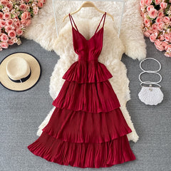 Summer Green/Pink/Red Pleated Spaghetti Strap Dress Women Sexy V-Neck High Waist Sleeveless Cascading Ruffle A-Line Draped Robe voguable