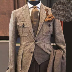 Voguable Men's 3 Piece Suits Lapel Single Row 2 Buttons Herringbone Button Closure Pocket Brown For Casual Formal Mens Suit Clothing voguable