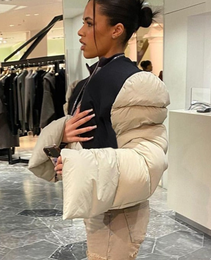 Voguable Patchwork Down Coat Puffer Jacket Coats Extra Long Sleves Women Christmas Bubble Cropped Outerwear Warm Clothing voguable