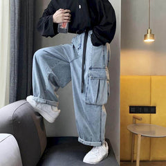 Voguable Men's Denim Trousers Straight Wide-leg Overalls Autumn And Winter Women's Loose Student Hong Kong Style Big Pocket Couple Pants voguable