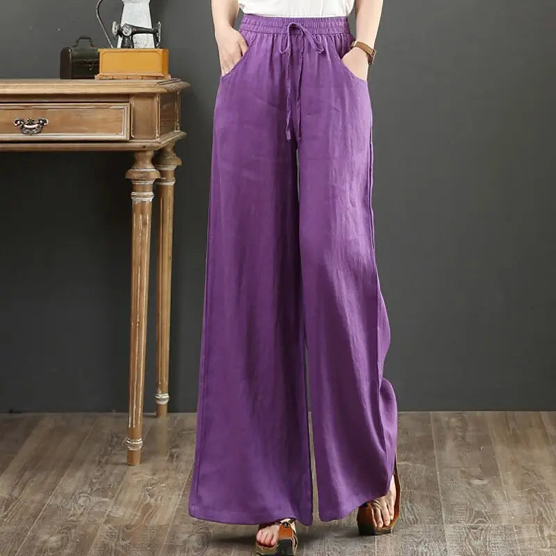 Linen Wide-Leg Pants Women's Summer Artistic Retro High Waist Lace-up Cotton and Linen Straight-Leg Pants Drooping Slimming voguable