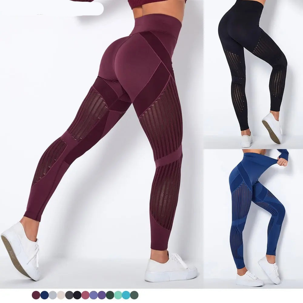 RXRXCOCO Fitness Yoga Pants Women's High Waist Seamless Leggings Push Up Pants Elastic Hollow out Fitness Sport Leggings Women voguable