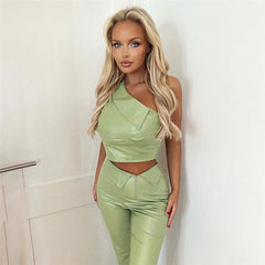 Elegant PU Faux Leather Solid Two Piece Set Women Skew Collar Skinny Croped Tops+ Zipper High Waist Flare Pants Female Suit voguable