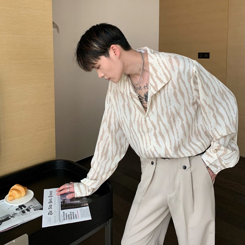 Zebra Striped Shirts Men Long Sleeve Streetwear Casual Baggy Camisa Temper Ins Japanese Harajuku Hip Hop Personality Korean Cozy voguable