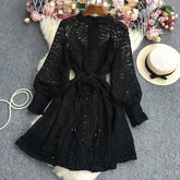 Spring Autumn Lace Dress for Women Hook Flowers Long Sleeve Vintage Button Vestidos Boho Beach Vacation See Through Chic New In voguable