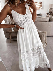 Crochet Lace White Summer Dress for Women Tassel Hollow Out Maxi Long Beach Casual Sundress Boho Smocking Vestidos voguable