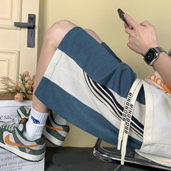 Summer New Panel Stripe Men's Shorts Korean Chic Y2k Loose Straight Elastic Waist Short Pants Casual Harajuku Streetwear voguable