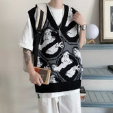 Sweater Vest Men Japanese Retro Knitting Spring Loose High Street Rabbit Print Graffiti Clothing Harajuku V-neck Chic Streetwear voguable
