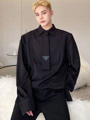 Tie Design Pullover Lapel Long Sleeve Men's Shirt Solid Color Versatile Autumn New Casual Korean Style Simple Loose voguable