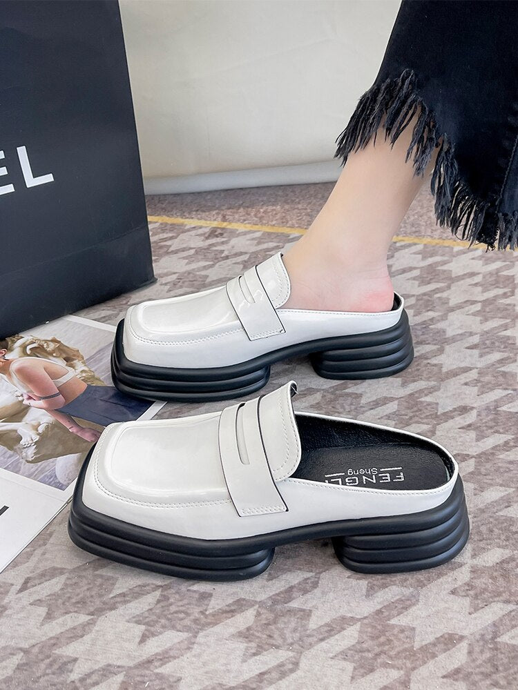 Mules For Women Shoes Female Slippers Platform Cover Toe Square heel Loafers Low Slides New Block Flat Hoof Heels Retro PU voguable