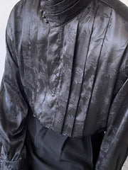 Chinese Pleated Stand Collar Jacquard Satin Trend Men's Shirt Long Sleeved Fashionable Autumn Male Tops Solid Color voguable