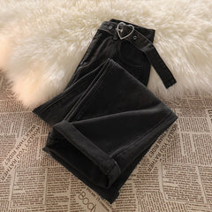 Women Black Straight Jeans Female High Waist Slim Lace Up Denim Pants Hot Girl Casual Wide Leg Dark Gray Vintage Trousers voguable