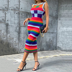Women Fashion Sleeveless Striped Bodycon Streetwear Knitted Midi Dress Autumn Clothes Wholesale Items For Business voguable
