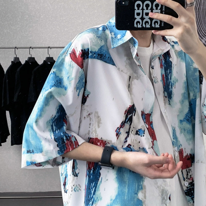 Summer Short Sleeve Shirts Men Fashion Printed Casual Shirts Men Korean Loose Ice Silk Shirts Mens Hawaiian Shirts Large Size voguable