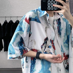 Summer Short Sleeve Shirts Men Fashion Printed Casual Shirts Men Korean Loose Ice Silk Shirts Mens Hawaiian Shirts Large Size voguable