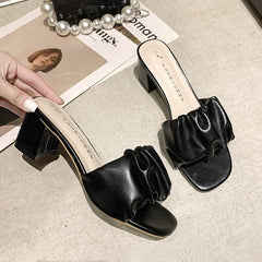 Square heel Female Shoes Slippers Heels Low Slides Fashion Block High Luxury Basic Rubber Rome Fabric Scandals PU Toe Hoof voguable