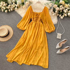 Voguable Chic Elegant Square Collar Maxi Dress Women Solid Chiffon Puff Sleeve Dresses Korean Fashion Vintage Ruffle Vestidos voguable