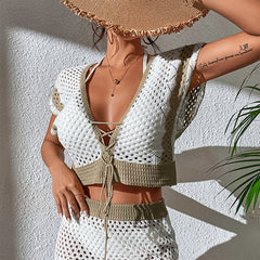 Voguable Khaki Stripe Crochet 2 Pieces Suit Women 2022 Deep V Lace Up Crop Top and Skirt High Waist Beach Sexy Backless Dress Set voguable