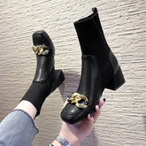 Shoes White Ankle Boots Boots-Women Winter Footwear Low Autumn Med Rubber Ladies Rock Solid PU Hoof Heels Basic Chain Lace voguable