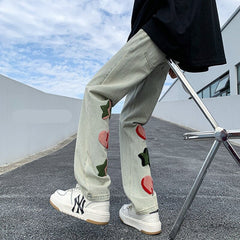 Embroidered Cute Graphic Ins Men Jeans Streetwear Loose Straight Hip Hop Male Denim Pants American Style Unisex Trousers voguable