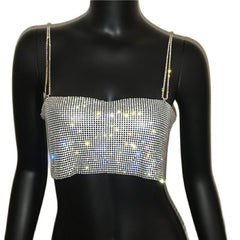 Voguable 2022 Sequin Shiny Crystal Chain Tank Top Glitter Metal Mesh Halter Metallic Strap Crop Tops Festival Party Sexy Women Outfits voguable