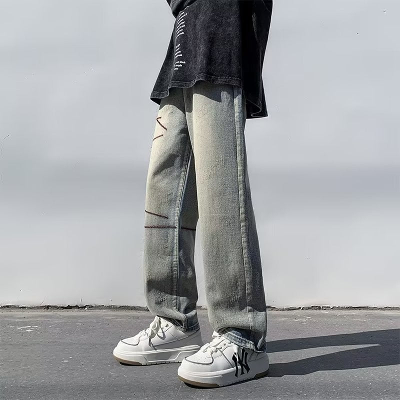 Vintage Men's Washed Jeans Fashion Design Wide Leg Loose Straight Male Denim Pants Hip Hop Unisex Casual Trousers voguable