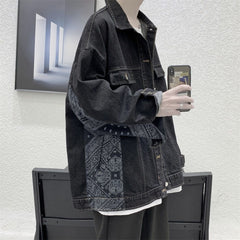 Vintage Cashew Blossom Patchwork Jackets Korean Streetwear Casual Man Denim Coats Single Breasted Hip Hop Outerwears voguable