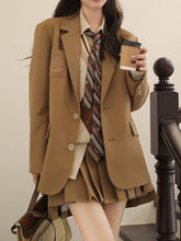 Korean Preppy Blazer Suit for Women Autumn Khaki Jk Coat Uniform Vintage Pleated Skirt Plaid Vest Long Sleeve Stripe Shirt voguable