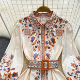 Spring Elegant Mini Dress for Women Indie Folk Printed Flare Sleeve Female Short Robe Boho with Belt Lapel Chic Luxury New In voguable